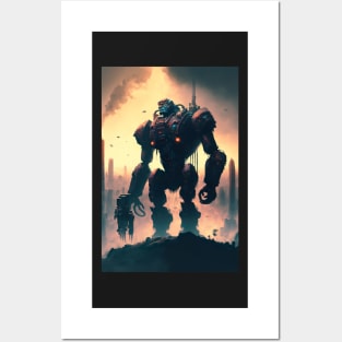 Giant futuristic robot cyborg Monkey attacking the city Posters and Art